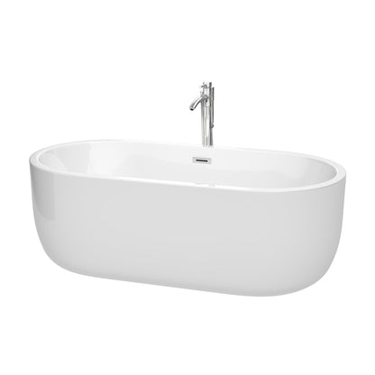 Wyndham Collection Juliette 67" Freestanding Bathtub in White With Floor Mounted Faucet, Drain and Overflow Trim in Polished Chrome