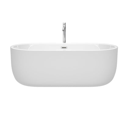 Wyndham Collection Juliette 67" Freestanding Bathtub in White With Floor Mounted Faucet, Drain and Overflow Trim in Polished Chrome
