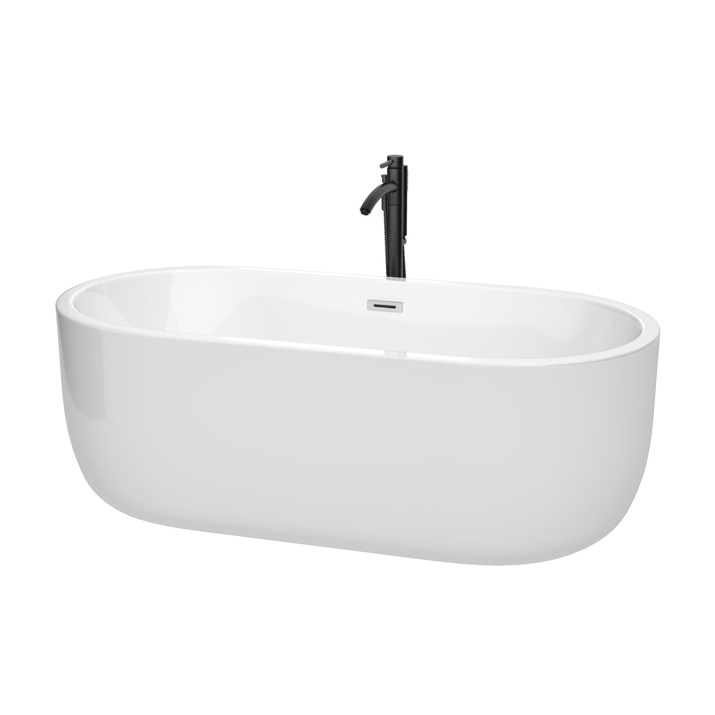 Wyndham Collection Juliette 67" Freestanding Bathtub in White With Polished Chrome Trim and Floor Mounted Faucet in Matte Black