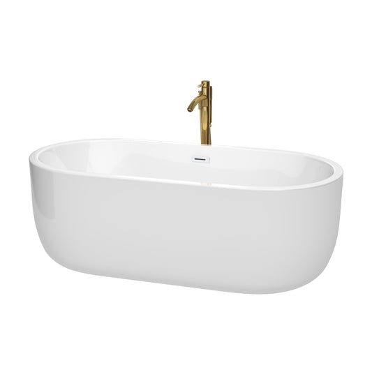 Wyndham Collection Juliette 67" Freestanding Bathtub in White With Shiny White Trim and Floor Mounted Faucet in Brushed Gold