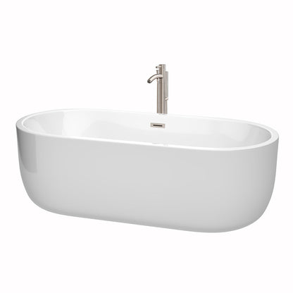 Wyndham Collection Juliette 71" Freestanding Bathtub in White With Floor Mounted Faucet, Drain and Overflow Trim in Brushed Nickel