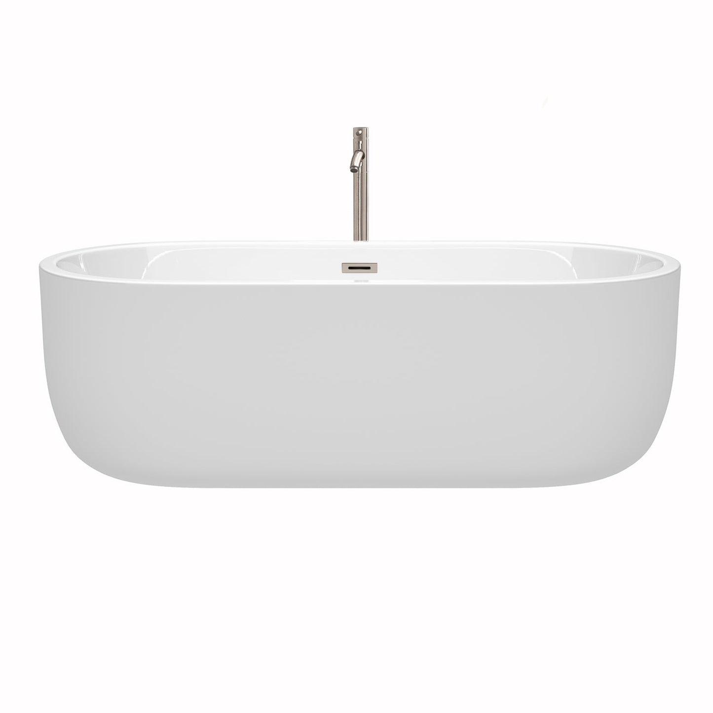 Wyndham Collection Juliette 71" Freestanding Bathtub in White With Floor Mounted Faucet, Drain and Overflow Trim in Brushed Nickel