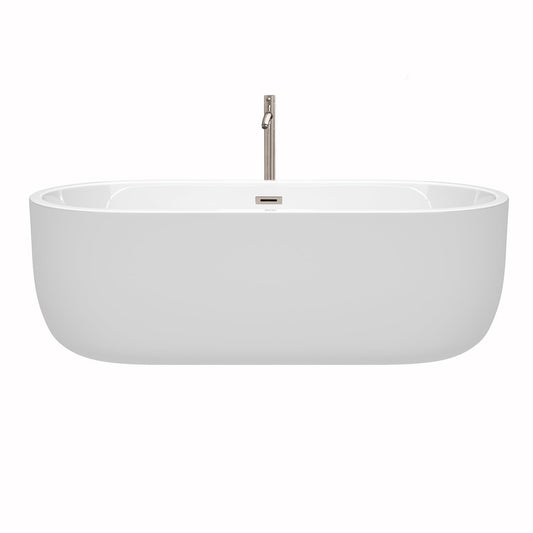 Wyndham Collection Juliette 71" Freestanding Bathtub in White With Floor Mounted Faucet, Drain and Overflow Trim in Brushed Nickel