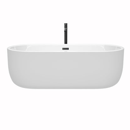 Wyndham Collection Juliette 71" Freestanding Bathtub in White With Floor Mounted Faucet, Drain and Overflow Trim in Matte Black