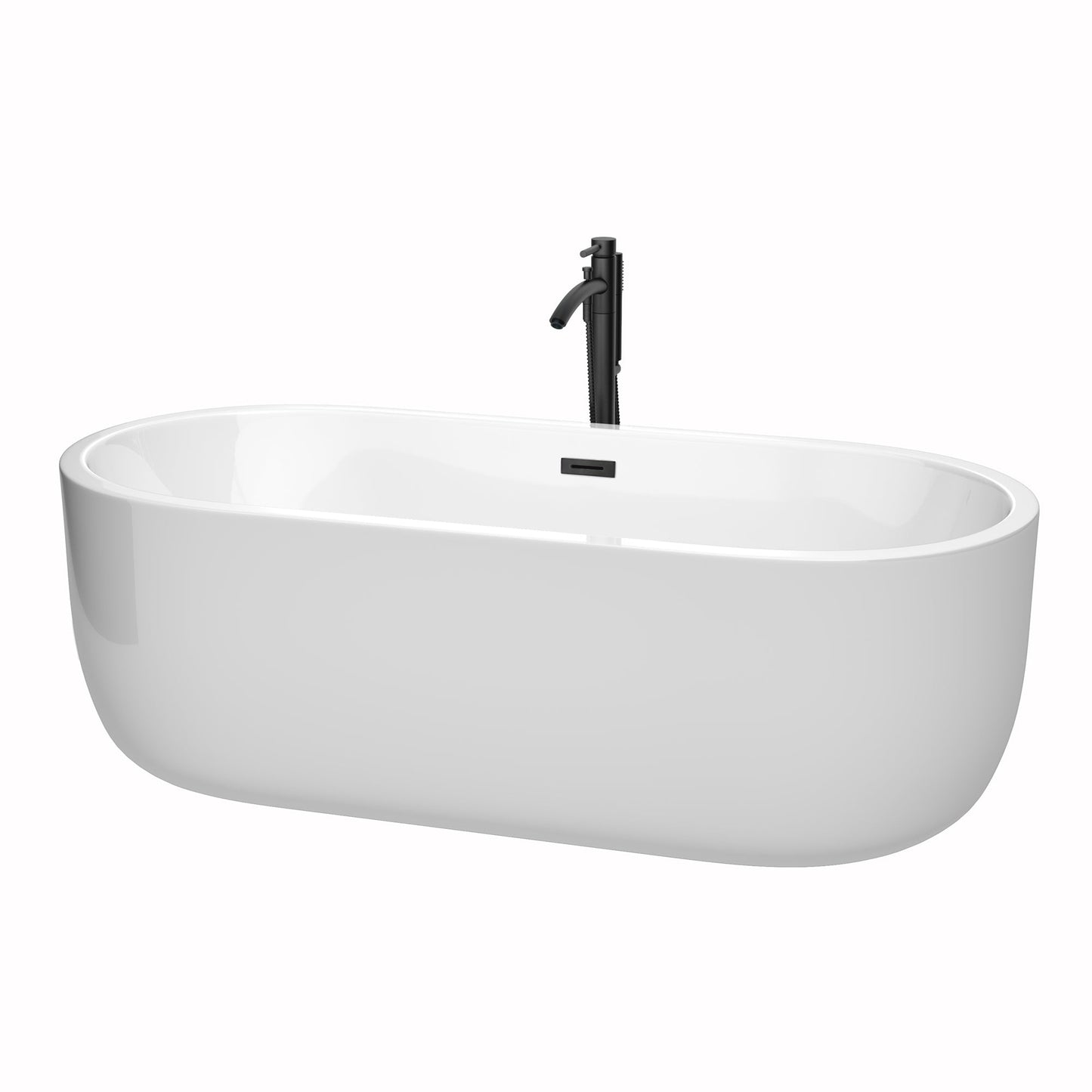 Wyndham Collection Juliette 71" Freestanding Bathtub in White With Floor Mounted Faucet, Drain and Overflow Trim in Matte Black