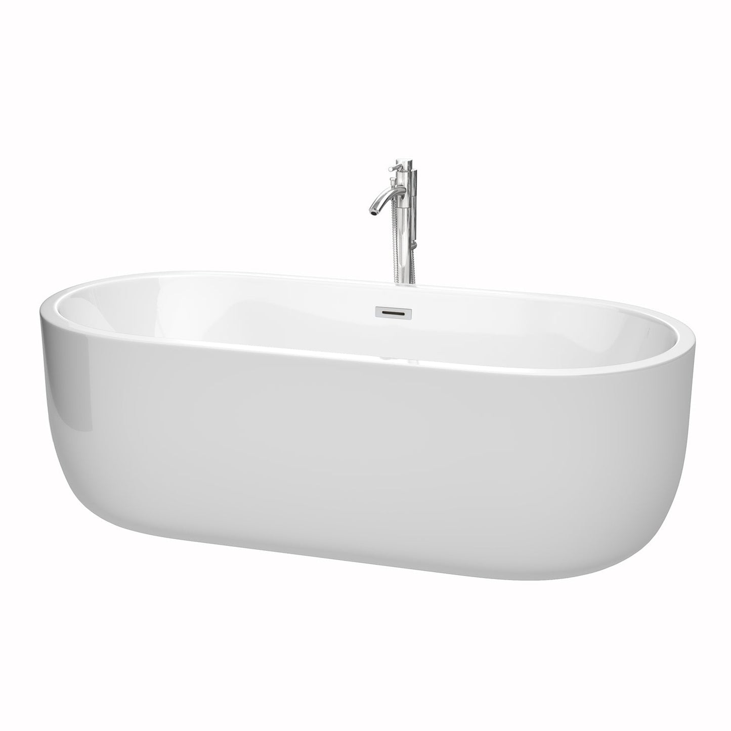 Wyndham Collection Juliette 71" Freestanding Bathtub in White With Floor Mounted Faucet, Drain and Overflow Trim in Polished Chrome