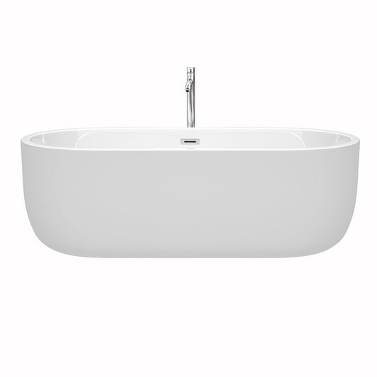Wyndham Collection Juliette 71" Freestanding Bathtub in White With Floor Mounted Faucet, Drain and Overflow Trim in Polished Chrome