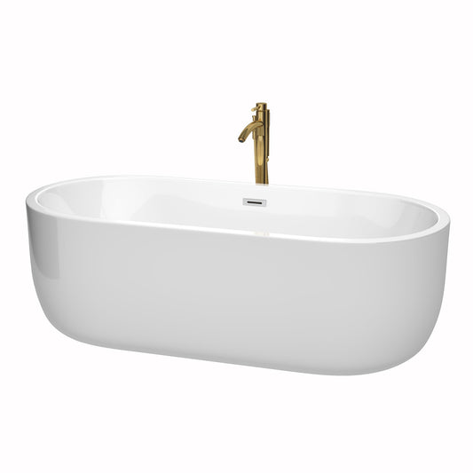 Wyndham Collection Juliette 71" Freestanding Bathtub in White With Polished Chrome Trim and Floor Mounted Faucet in Brushed Gold