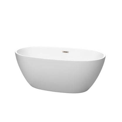 Wyndham Collection Juno 59" Freestanding Bathtub in Matte White With Brushed Nickel Drain and Overflow Trim