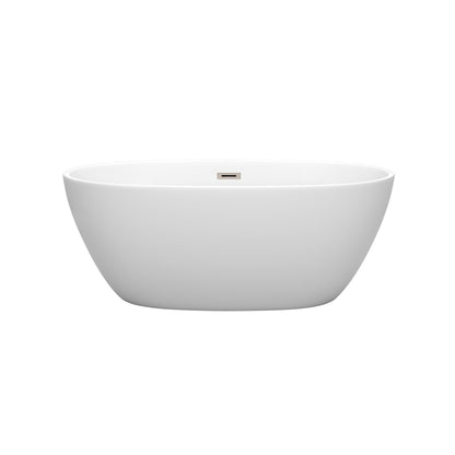 Wyndham Collection Juno 59" Freestanding Bathtub in Matte White With Brushed Nickel Drain and Overflow Trim