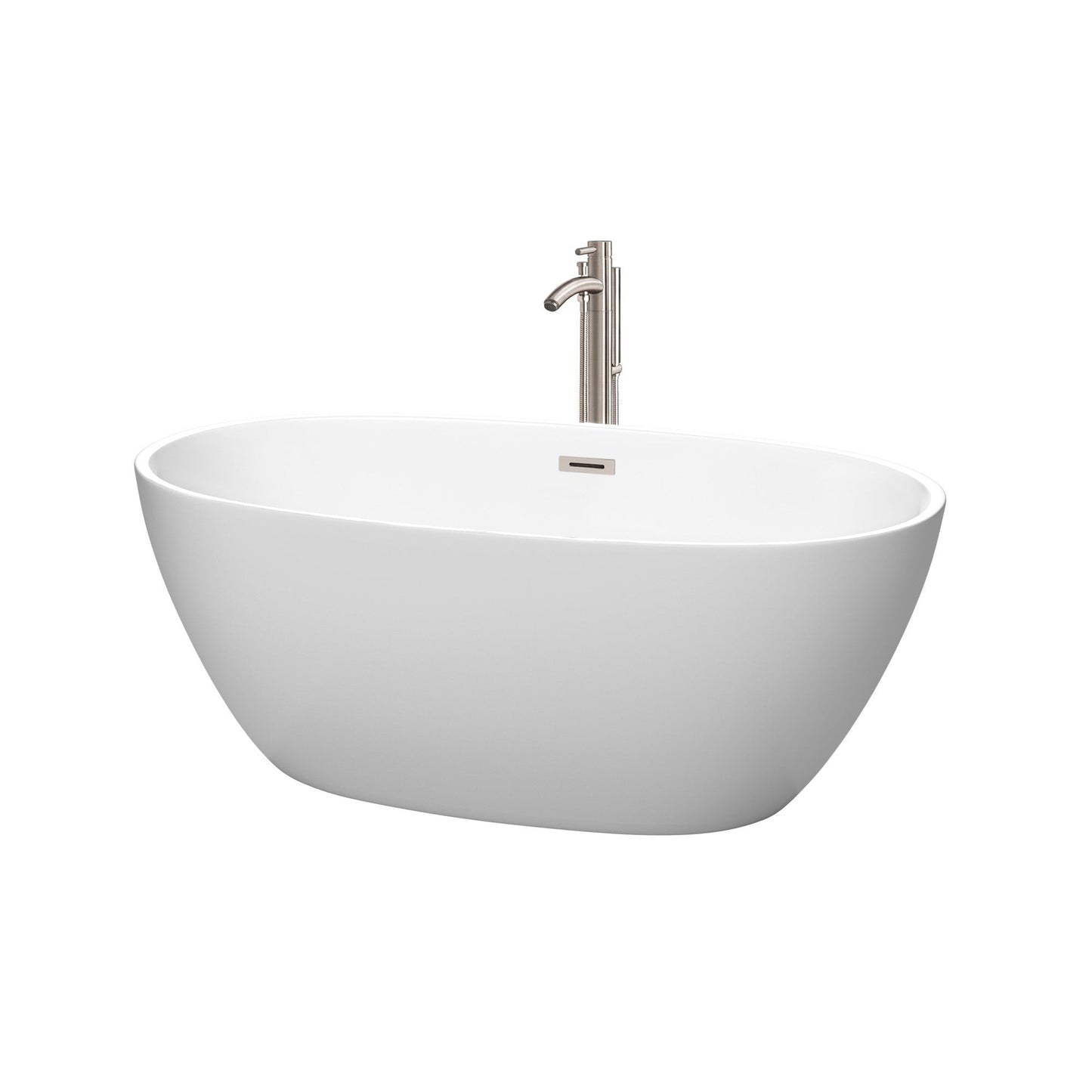Wyndham Collection Juno 59" Freestanding Bathtub in Matte White With Floor Mounted Faucet, Drain and Overflow Trim in Brushed Nickel