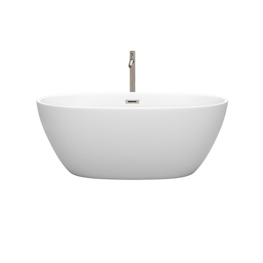 Wyndham Collection Juno 59" Freestanding Bathtub in Matte White With Floor Mounted Faucet, Drain and Overflow Trim in Brushed Nickel
