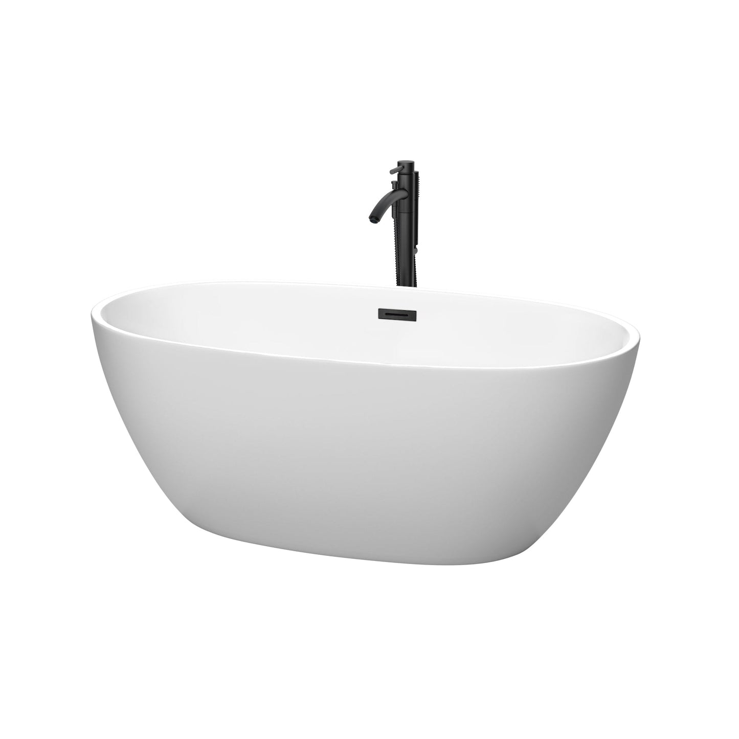 Wyndham Collection Juno 59" Freestanding Bathtub in Matte White With Floor Mounted Faucet, Drain and Overflow Trim in Matte Black
