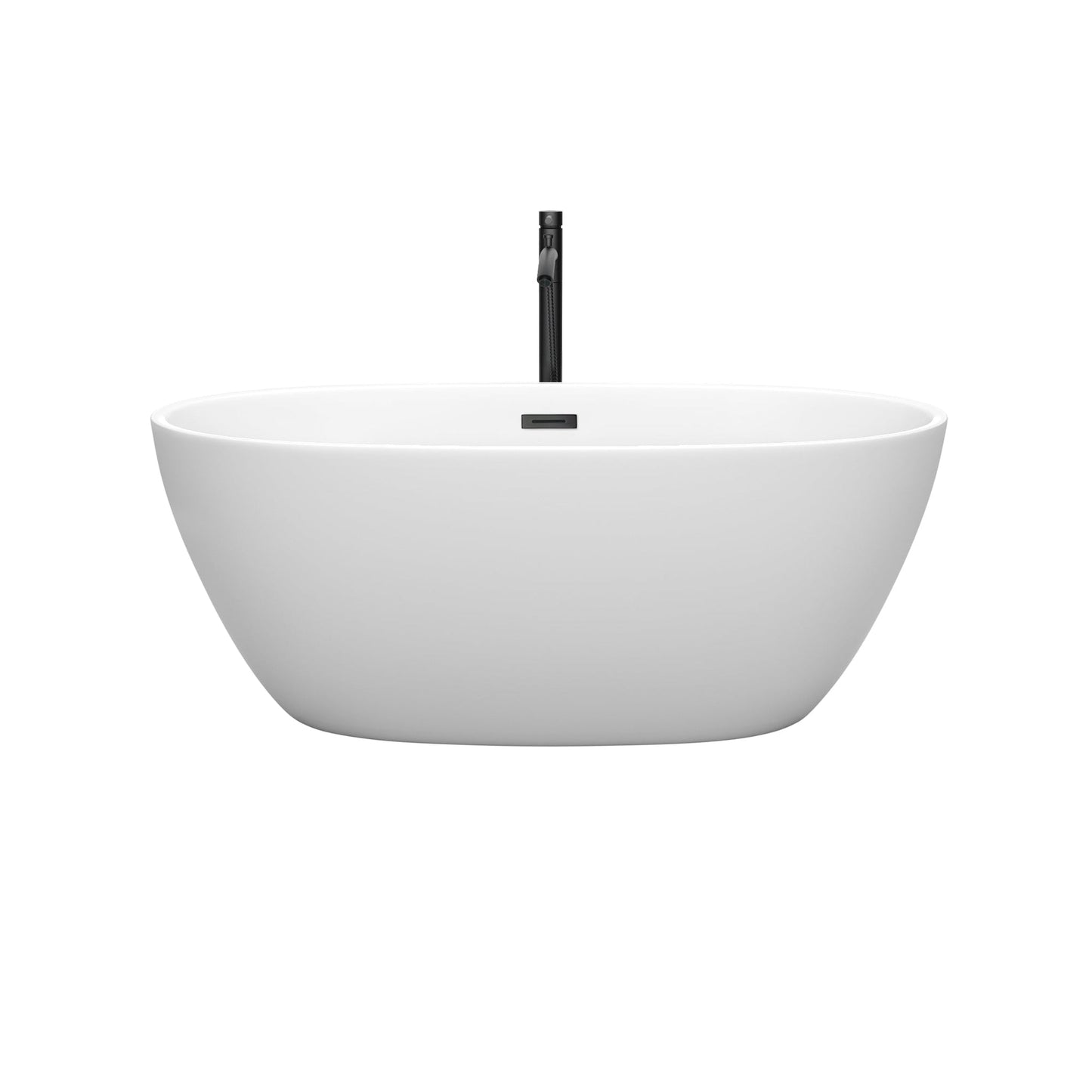 Wyndham Collection Juno 59" Freestanding Bathtub in Matte White With Floor Mounted Faucet, Drain and Overflow Trim in Matte Black