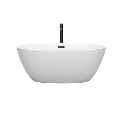 Wyndham Collection Juno 59" Freestanding Bathtub in Matte White With Floor Mounted Faucet, Drain and Overflow Trim in Matte Black