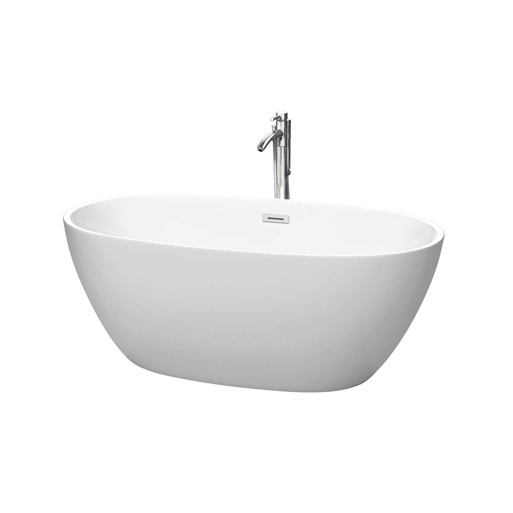Wyndham Collection Juno 59" Freestanding Bathtub in Matte White With Floor Mounted Faucet, Drain and Overflow Trim in Polished Chrome
