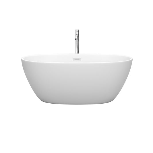 Wyndham Collection Juno 59" Freestanding Bathtub in Matte White With Floor Mounted Faucet, Drain and Overflow Trim in Polished Chrome