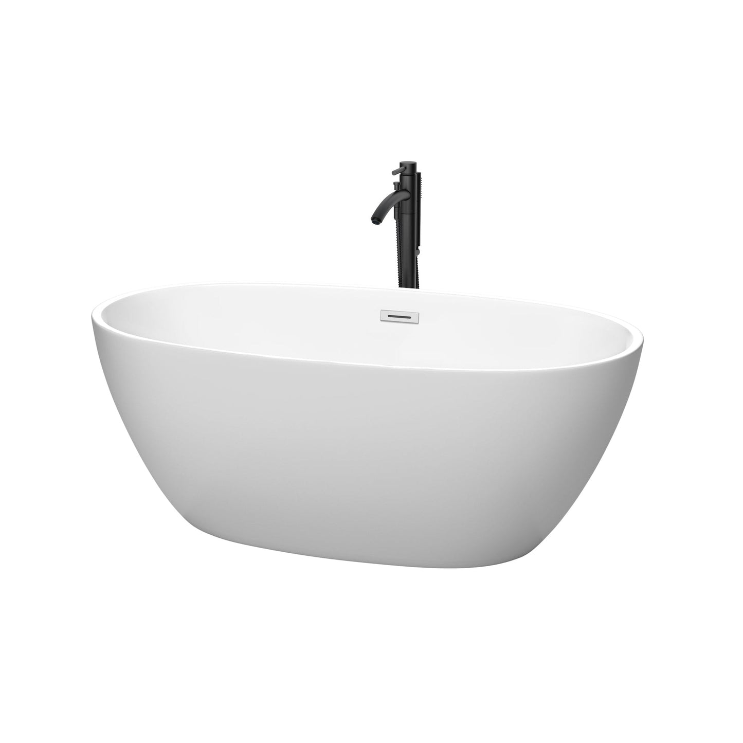 Wyndham Collection Juno 59" Freestanding Bathtub in Matte White With Polished Chrome Trim and Floor Mounted Faucet in Matte Black