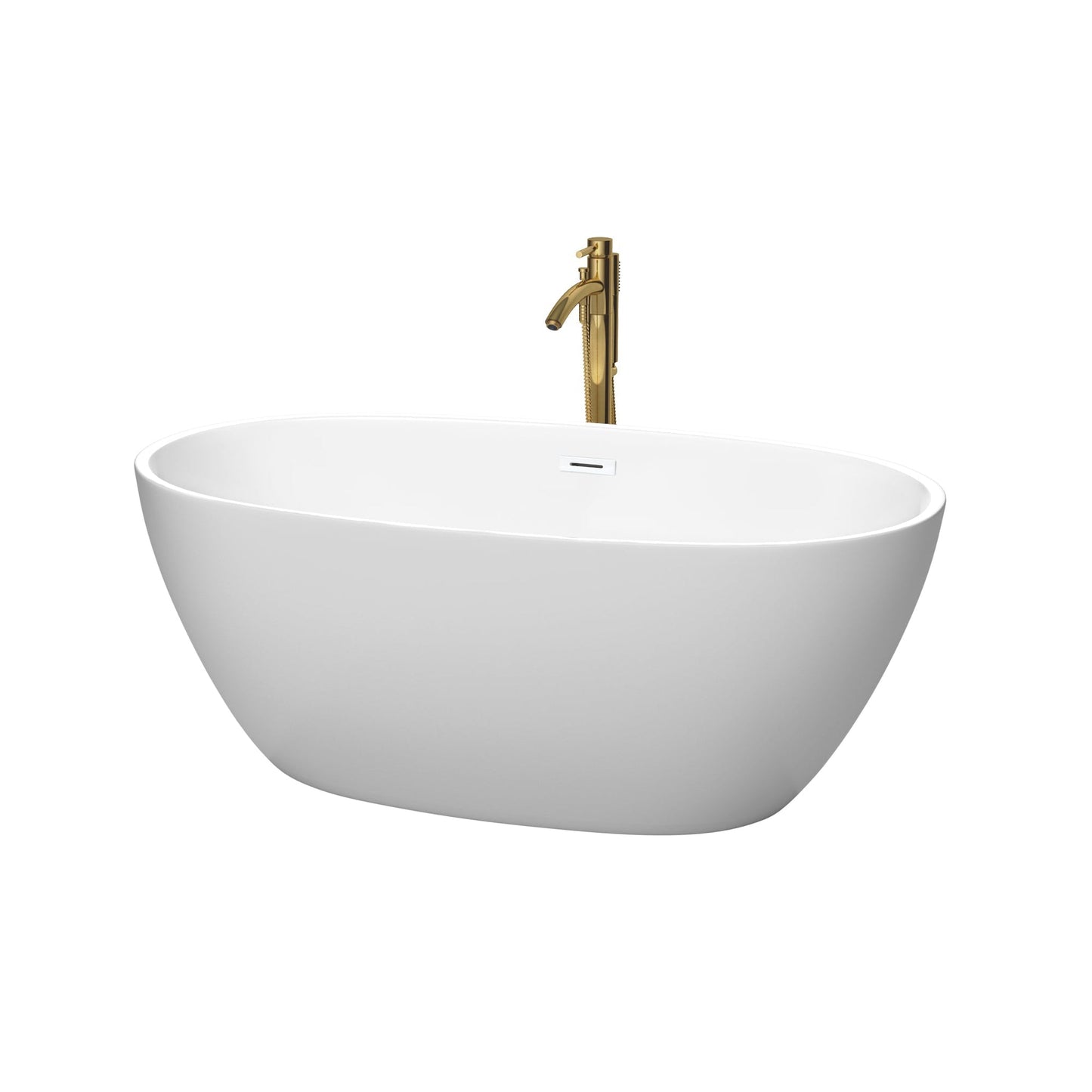 Wyndham Collection Juno 59" Freestanding Bathtub in Matte White With Shiny White Trim and Floor Mounted Faucet in Brushed Gold