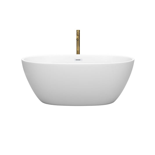 Wyndham Collection Juno 59" Freestanding Bathtub in Matte White With Shiny White Trim and Floor Mounted Faucet in Brushed Gold