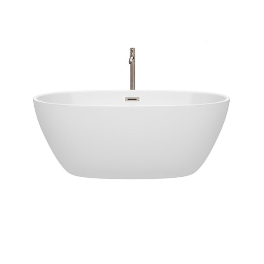 Wyndham Collection Juno 59" Freestanding Bathtub in White With Floor Mounted Faucet, Drain and Overflow Trim in Brushed Nickel