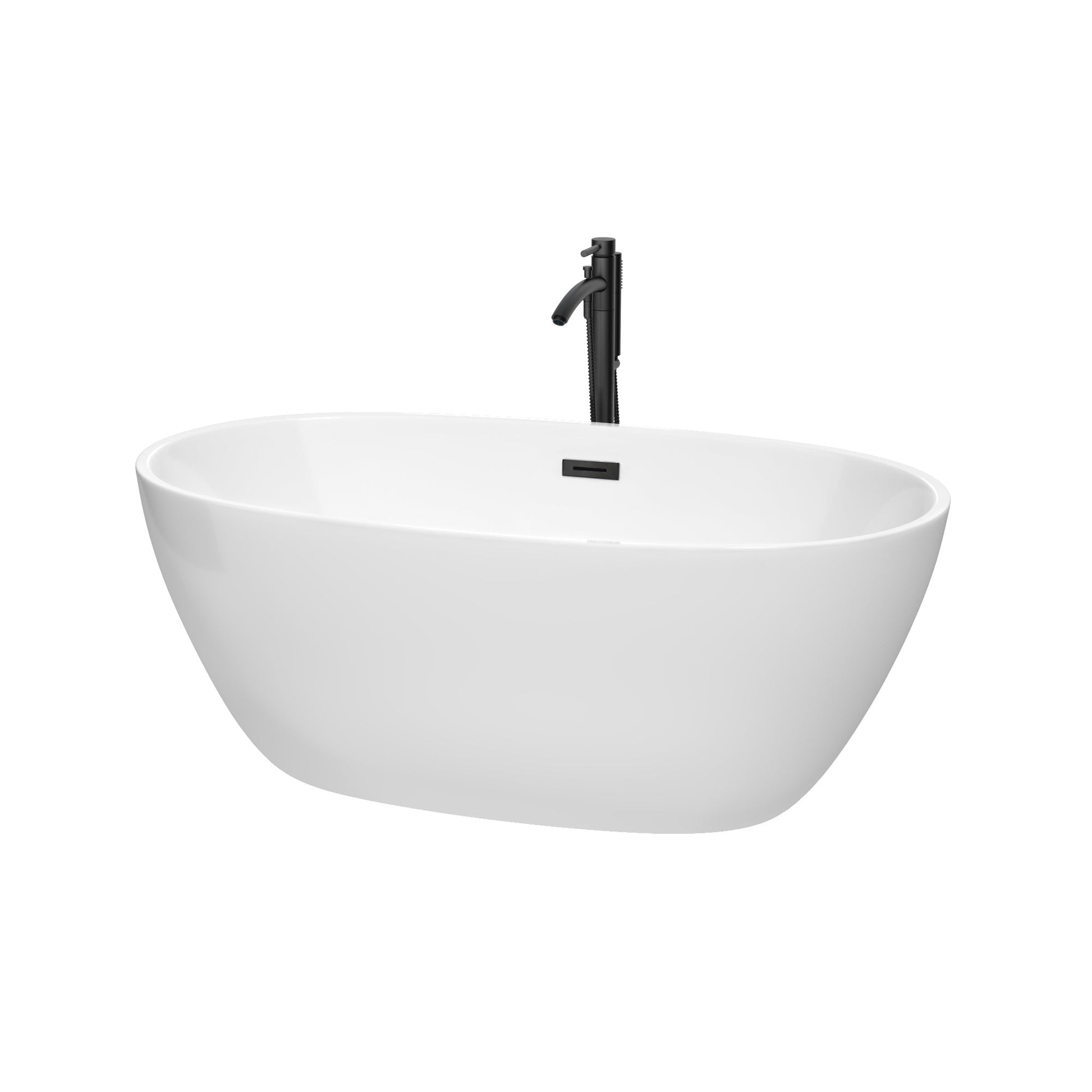 Wyndham Collection Juno 59" Freestanding Bathtub in White With Floor Mounted Faucet, Drain and Overflow Trim in Matte Black