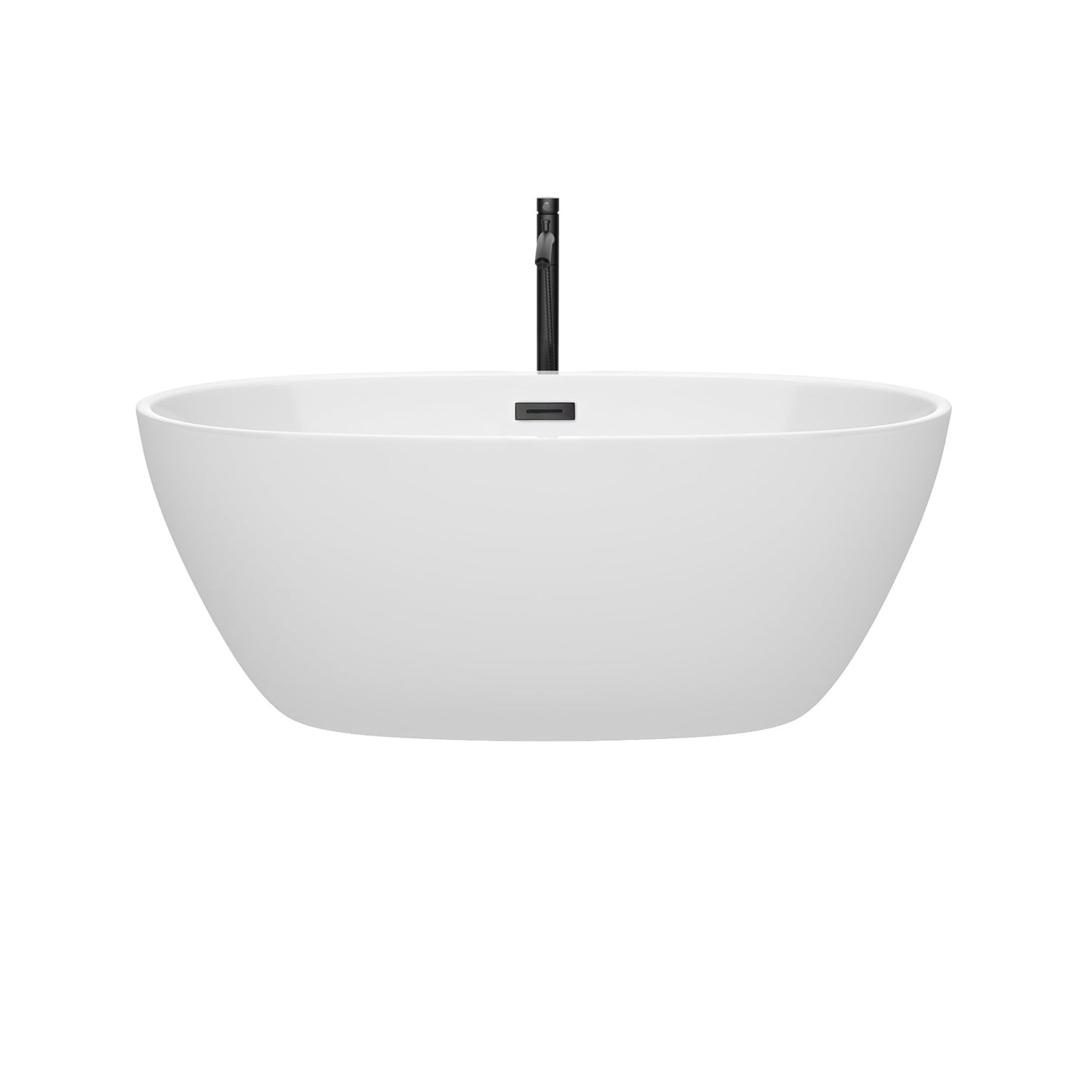 Wyndham Collection Juno 59" Freestanding Bathtub in White With Floor Mounted Faucet, Drain and Overflow Trim in Matte Black