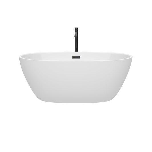 Wyndham Collection Juno 59" Freestanding Bathtub in White With Floor Mounted Faucet, Drain and Overflow Trim in Matte Black