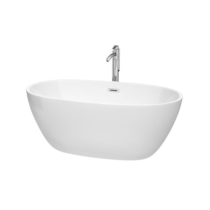 Wyndham Collection Juno 59" Freestanding Bathtub in White With Floor Mounted Faucet, Drain and Overflow Trim in Polished Chrome
