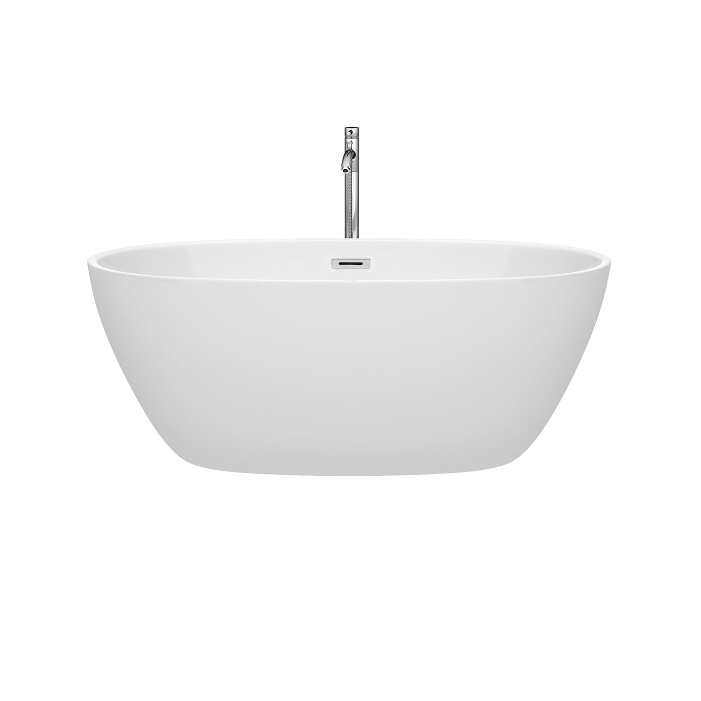 Wyndham Collection Juno 59" Freestanding Bathtub in White With Floor Mounted Faucet, Drain and Overflow Trim in Polished Chrome