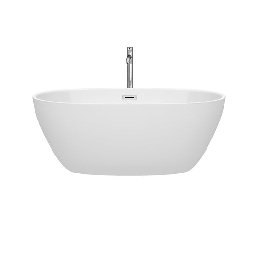 Wyndham Collection Juno 59" Freestanding Bathtub in White With Floor Mounted Faucet, Drain and Overflow Trim in Polished Chrome