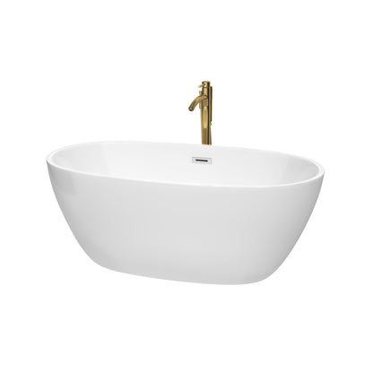 Wyndham Collection Juno 59" Freestanding Bathtub in White With Polished Chrome Trim and Floor Mounted Faucet in Brushed Gold