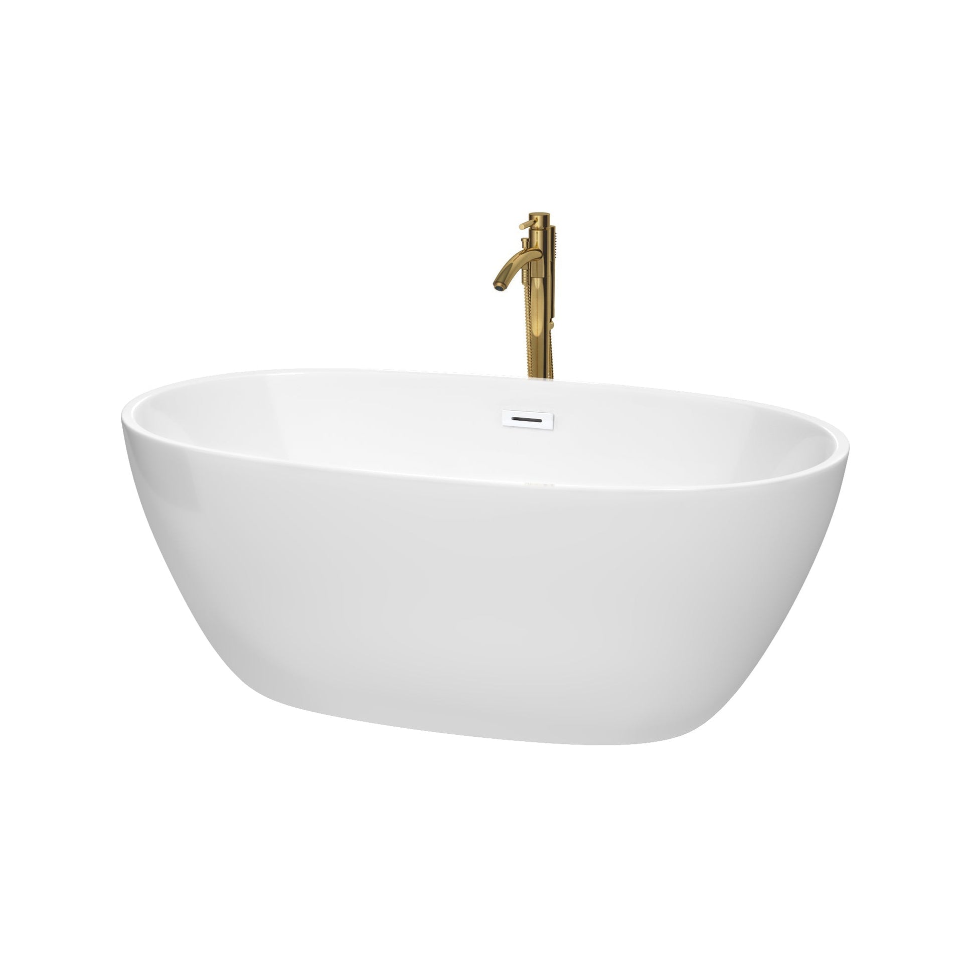 Wyndham Collection Juno 59" Freestanding Bathtub in White With Shiny White Trim and Floor Mounted Faucet in Brushed Gold