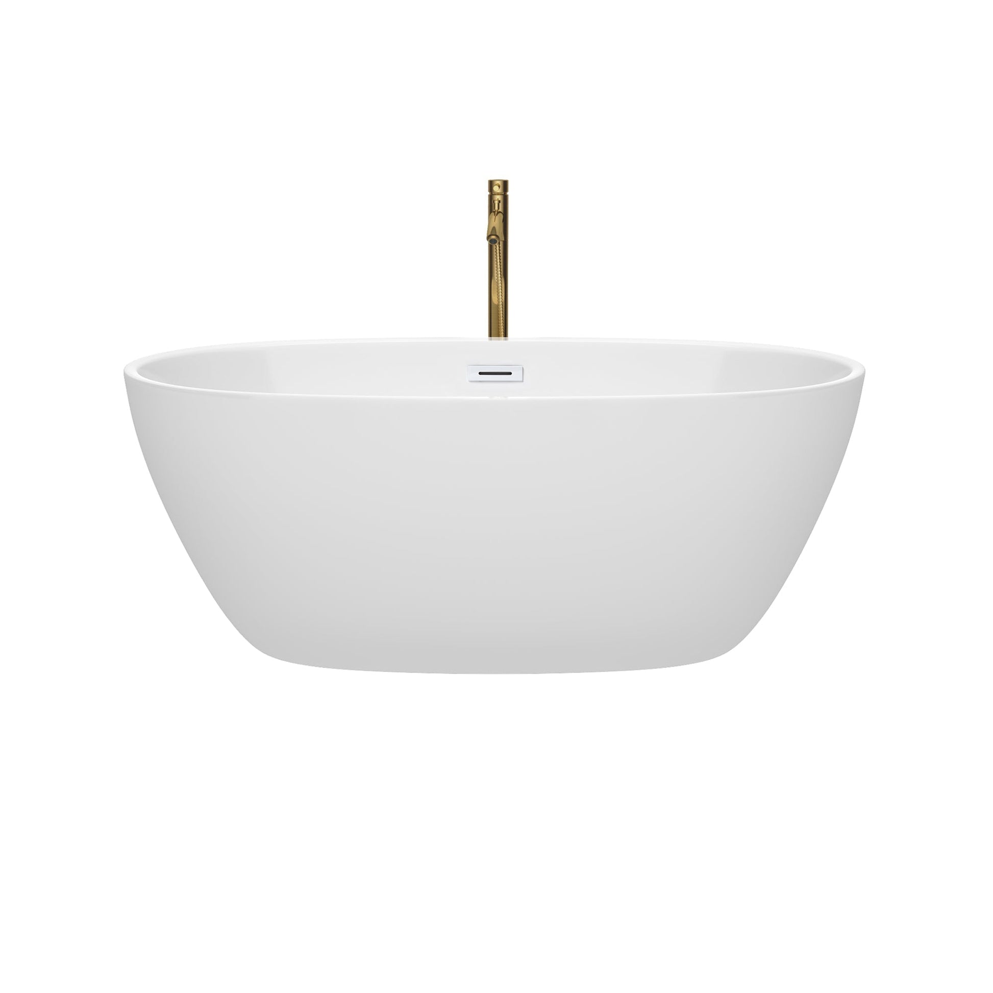 Wyndham Collection Juno 59" Freestanding Bathtub in White With Shiny White Trim and Floor Mounted Faucet in Brushed Gold