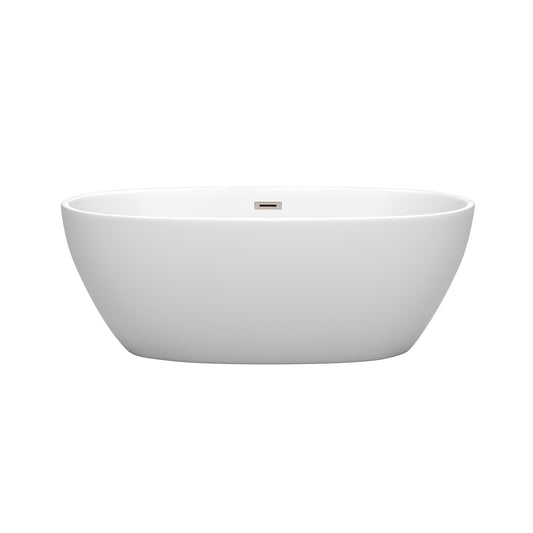 Wyndham Collection Juno 63" Freestanding Bathtub in Matte White With Brushed Nickel Drain and Overflow Trim