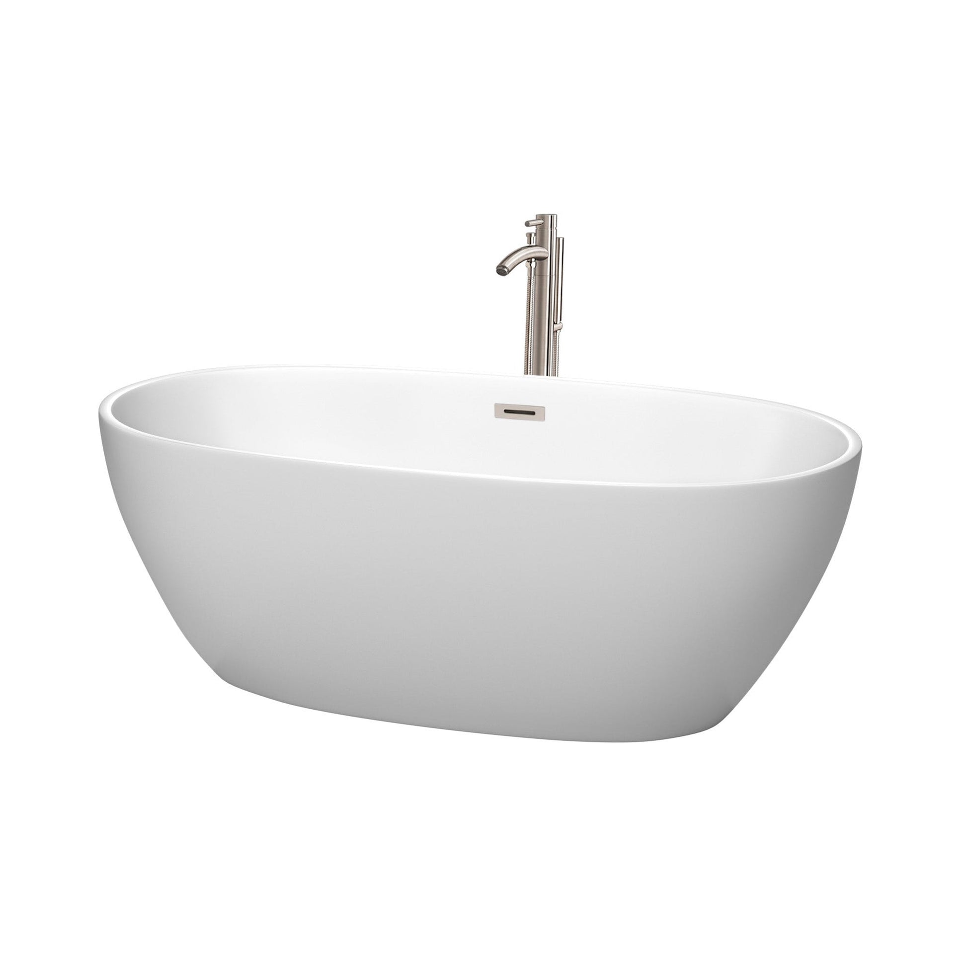 Wyndham Collection Juno 63" Freestanding Bathtub in Matte White With Floor Mounted Faucet, Drain and Overflow Trim in Brushed Nickel