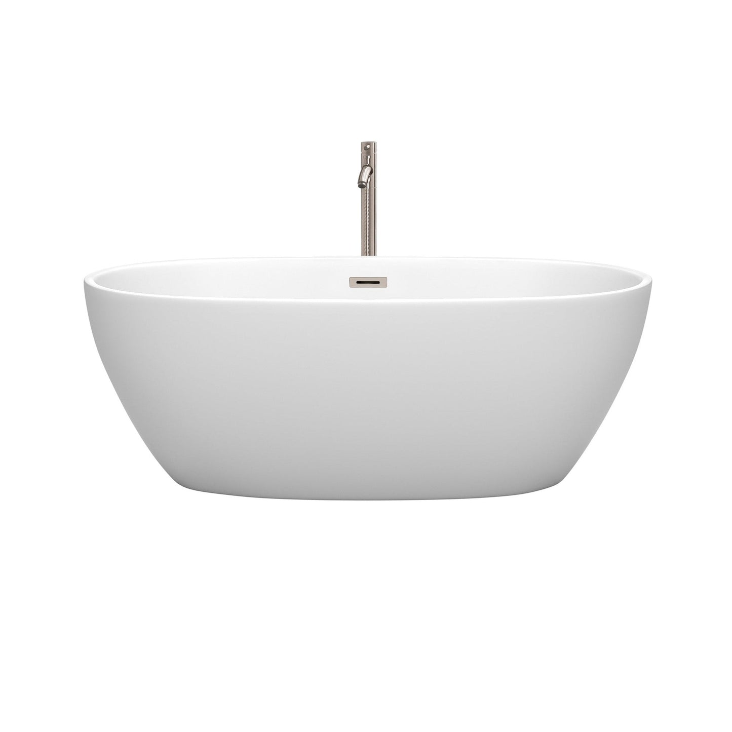 Wyndham Collection Juno 63" Freestanding Bathtub in Matte White With Floor Mounted Faucet, Drain and Overflow Trim in Brushed Nickel