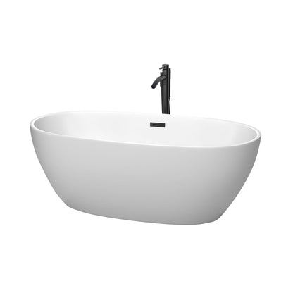 Wyndham Collection Juno 63" Freestanding Bathtub in Matte White With Floor Mounted Faucet, Drain and Overflow Trim in Matte Black