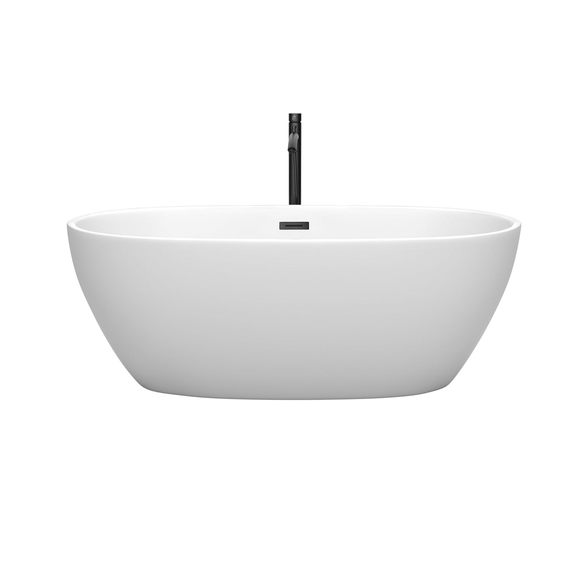 Wyndham Collection Juno 63" Freestanding Bathtub in Matte White With Floor Mounted Faucet, Drain and Overflow Trim in Matte Black