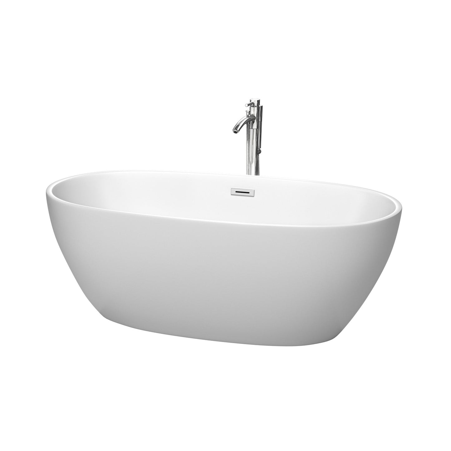 Wyndham Collection Juno 63" Freestanding Bathtub in Matte White With Floor Mounted Faucet, Drain and Overflow Trim in Polished Chrome