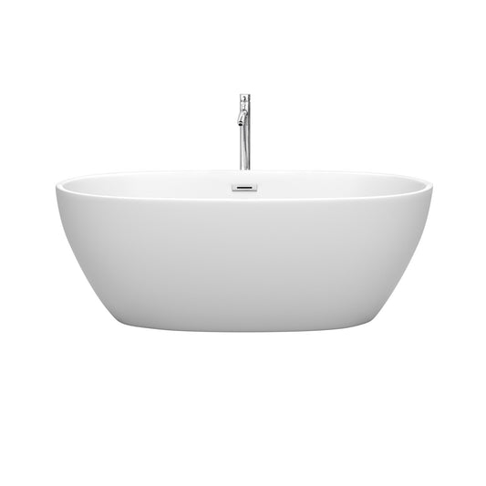 Wyndham Collection Juno 63" Freestanding Bathtub in Matte White With Floor Mounted Faucet, Drain and Overflow Trim in Polished Chrome