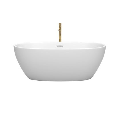 Wyndham Collection Juno 63" Freestanding Bathtub in Matte White With Polished Chrome Trim and Floor Mounted Faucet in Brushed Gold