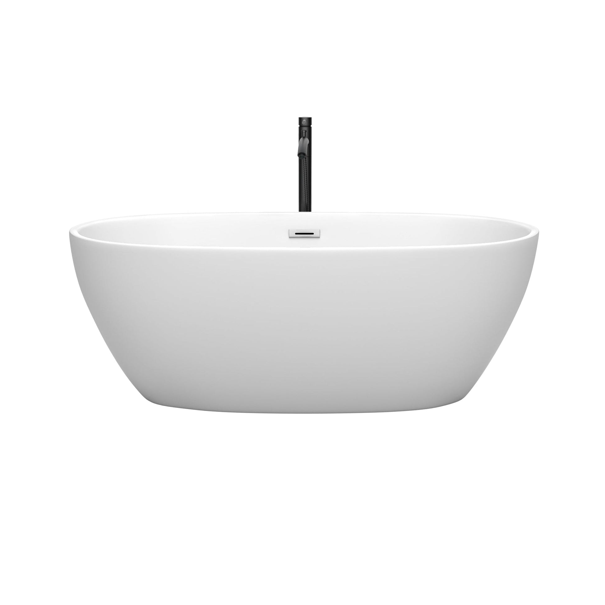 Wyndham Collection Juno 63" Freestanding Bathtub in Matte White With Polished Chrome Trim and Floor Mounted Faucet in Matte Black