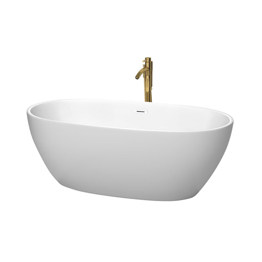 Wyndham Collection Juno 63" Freestanding Bathtub in Matte White With Shiny White Trim and Floor Mounted Faucet in Brushed Gold