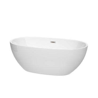 Wyndham Collection Juno 63" Freestanding Bathtub in White With Brushed Nickel Drain and Overflow Trim