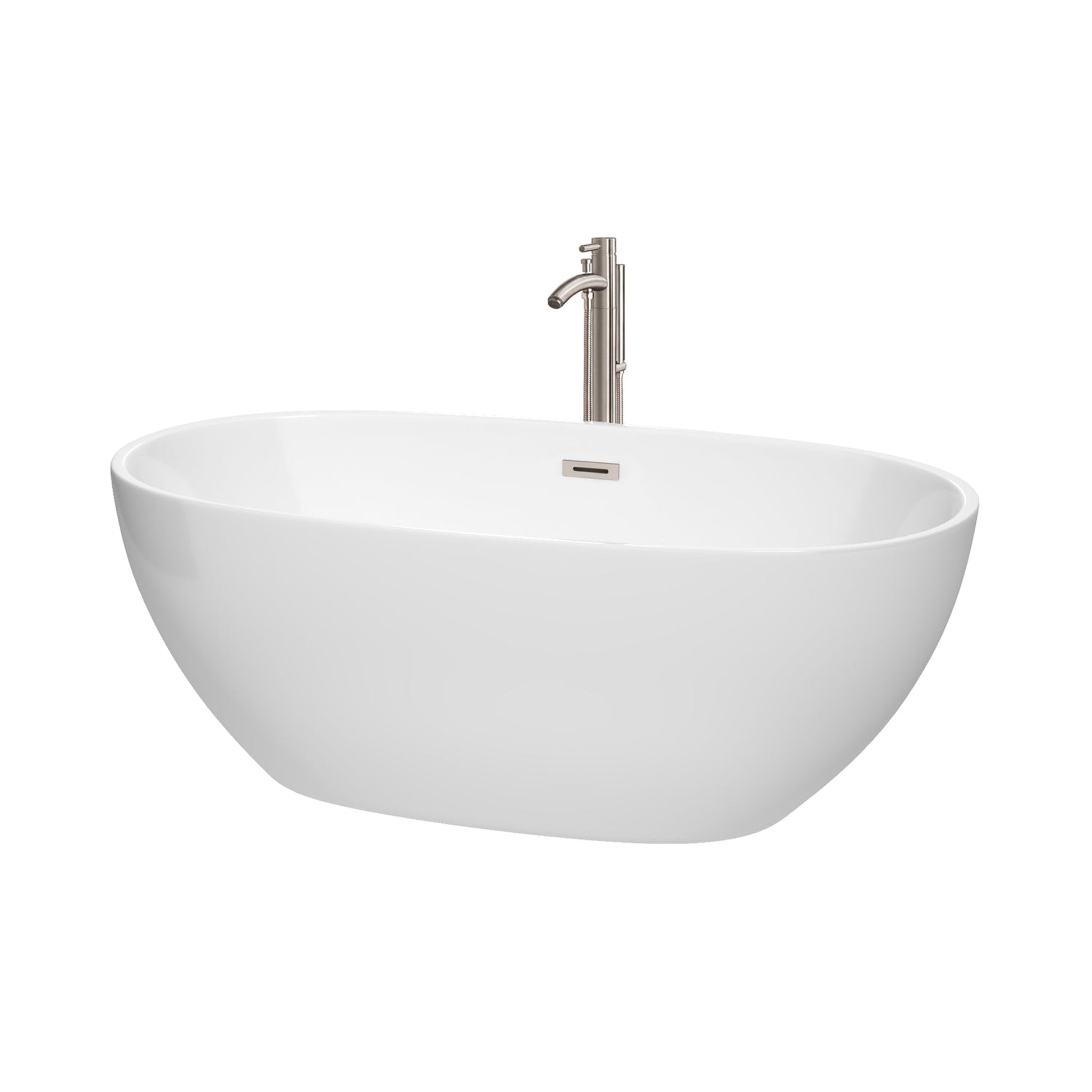 Wyndham Collection Juno 63" Freestanding Bathtub in White With Floor Mounted Faucet, Drain and Overflow Trim in Brushed Nickel