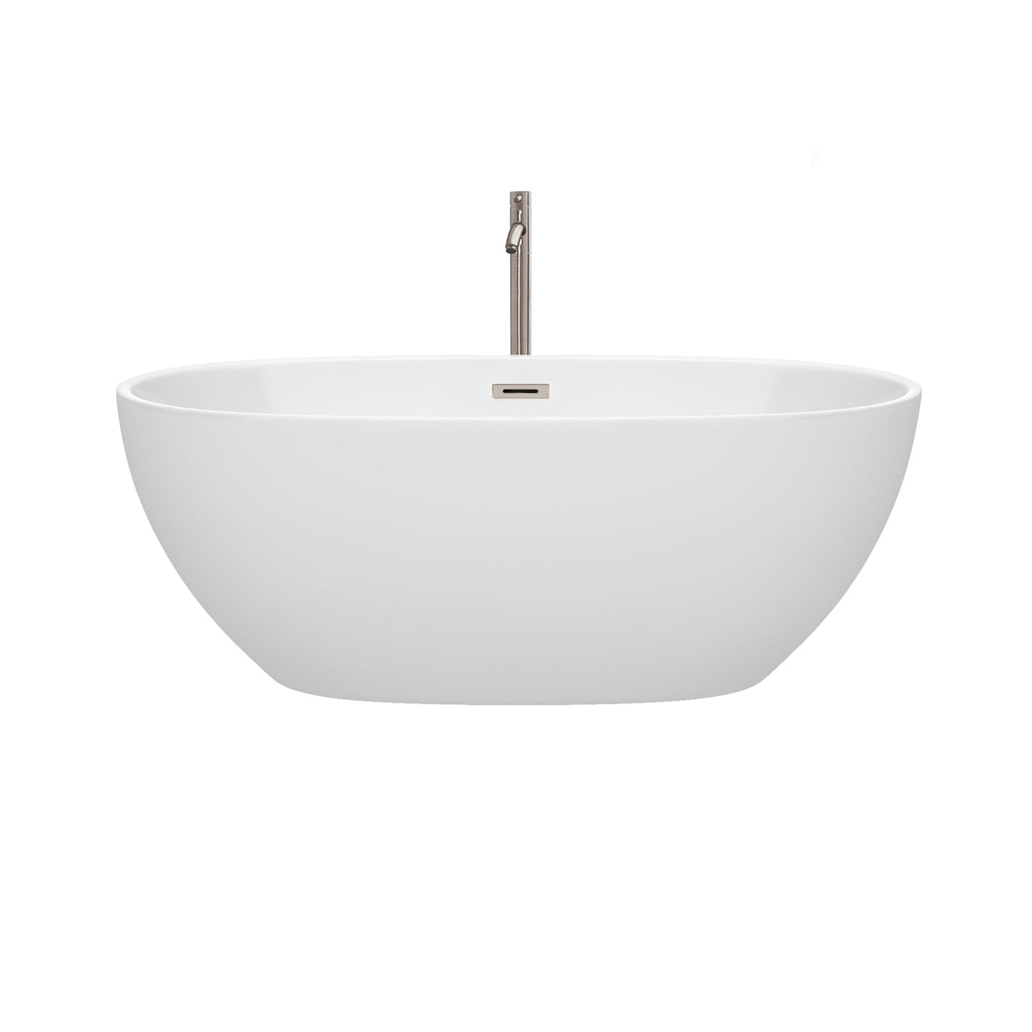 Wyndham Collection Juno 63" Freestanding Bathtub in White With Floor Mounted Faucet, Drain and Overflow Trim in Brushed Nickel