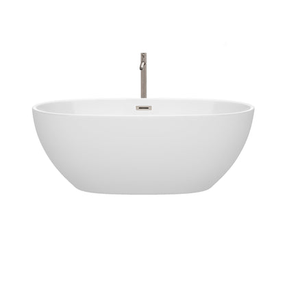 Wyndham Collection Juno 63" Freestanding Bathtub in White With Floor Mounted Faucet, Drain and Overflow Trim in Brushed Nickel