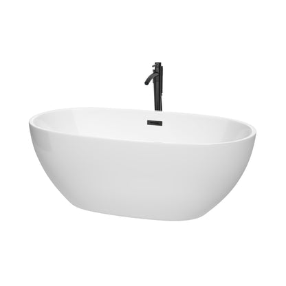 Wyndham Collection Juno 63" Freestanding Bathtub in White With Floor Mounted Faucet, Drain and Overflow Trim in Matte Black
