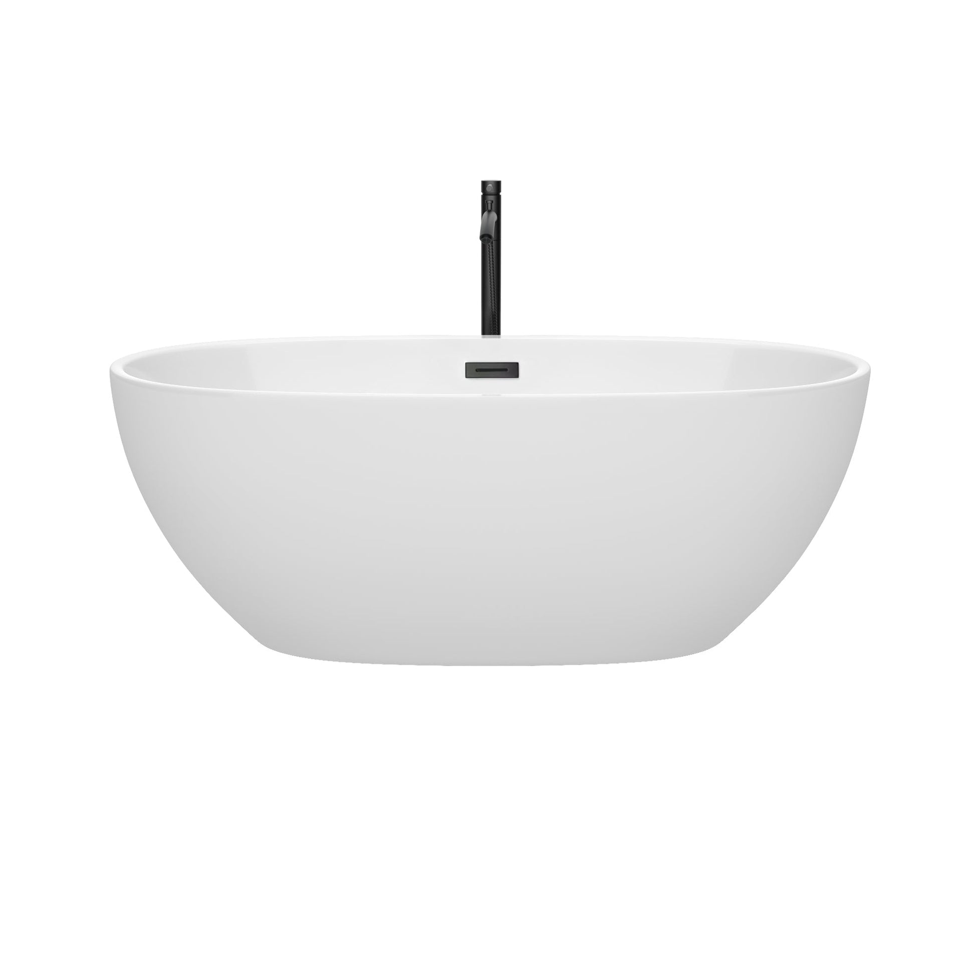 Wyndham Collection Juno 63" Freestanding Bathtub in White With Floor Mounted Faucet, Drain and Overflow Trim in Matte Black